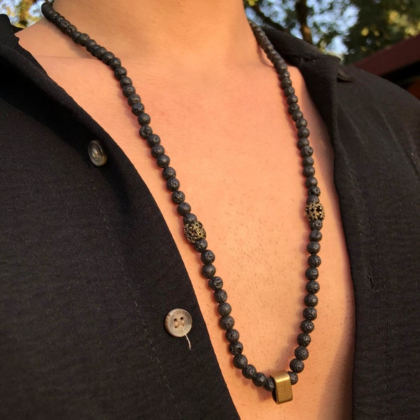 Collar de ópalo de lava, cadena larga con cuentas volcánicas negras, joyería étnica boho, collar de piedra natural para él/ella, accesorios étnicos hombres/mujeres