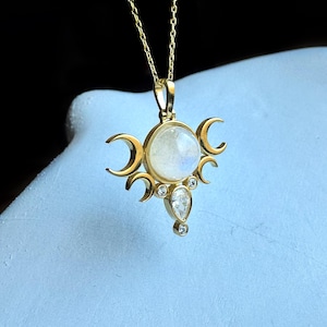 Moonstone Triple Moon Necklace: Sterling Silver Hecate Goddess Pendant