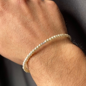 Silver Pearl Bracelet Men, Minimal Pearl Bracelet with Silver Beads, Genuine White Pearl, 3mm Pearl Jewelry, Perfect Gift for Men