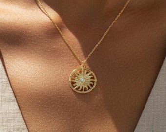Sterling Silver Sun Necklace: 14k Gold Plated Zircon Pendant