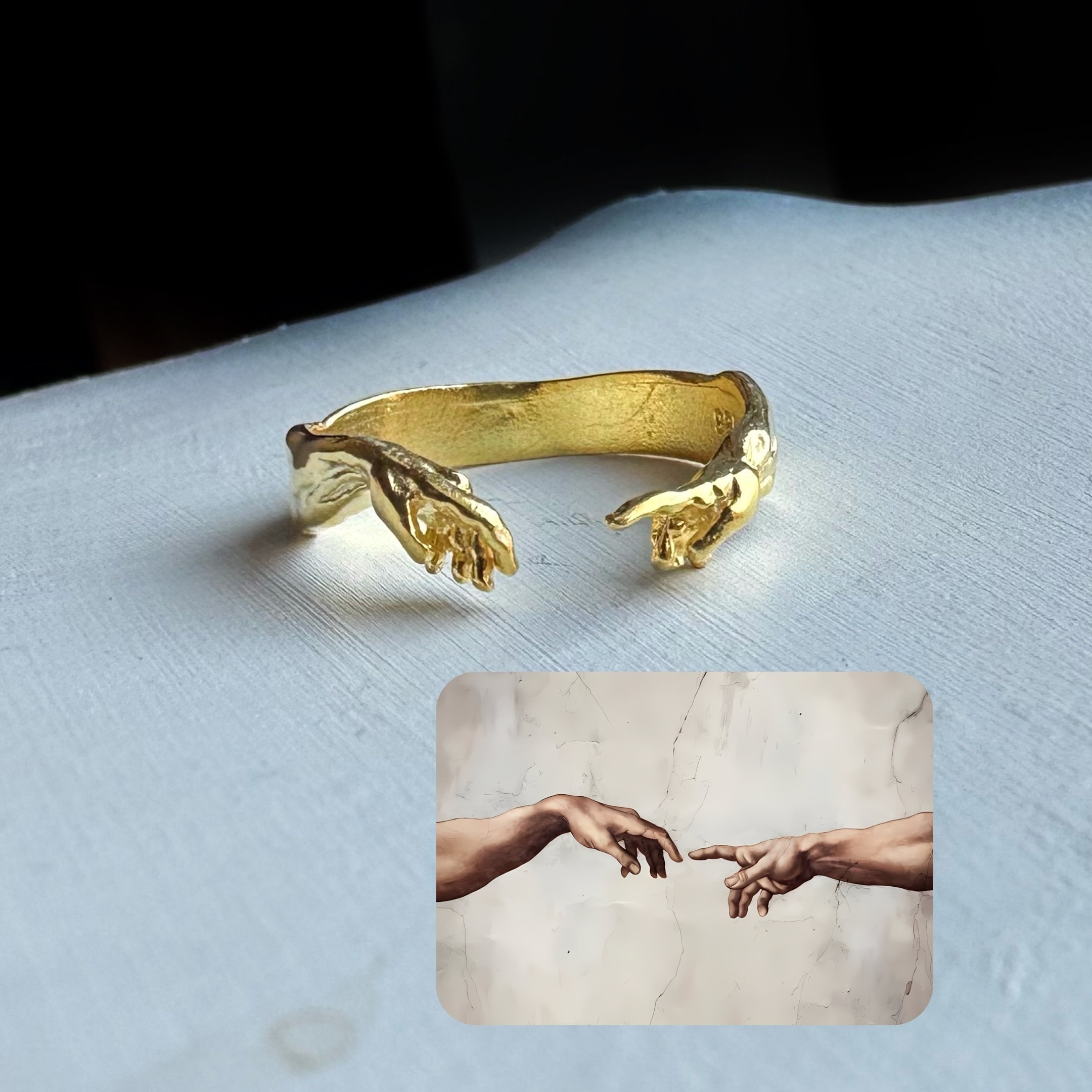 Hand of God Giving Life to Adam Ring, Creation of Adam, Gold Plated Unique Meaningful Creation of Adam Hand Gesture Ring, Christmas Gift