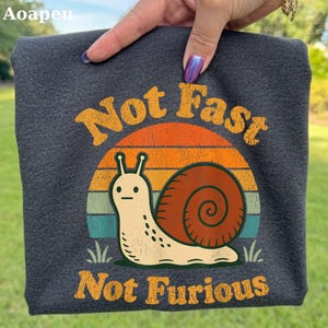 May include: A dark gray t-shirt featuring a graphic of a beige snail with a brown shell in front of a retro-style orange, yellow, and teal striped sun. The text "Not Fast" appears above the snail and "Not Furious" appears below the snail.