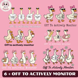 May include: A pink background features cartoon geese wearing sunglasses and accessories. Some geese hold pencils, coffee cups, or purses. Text includes "I believe in you," "You got this," and "Off to actively monitor."