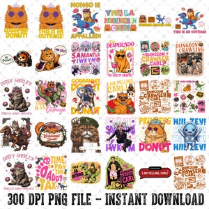 May include: A digital collection of graphic illustrations featuring orange cats, dinosaurs, and fantasy characters. Designs include text such as 'Goddamnit Donut', 'Dungeon Crawler Carl', 'This is an Outrage', and 'Viva La Revolution Carl' in various colorful styles.