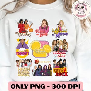 May include: White sweatshirt featuring colorful graphics of Disney Channel shows like "Wizards of Waverly Place," "Hannah Montana," and "The Cheetah Girls." The text "ONLY PNG - 300 DPI" is at the bottom.