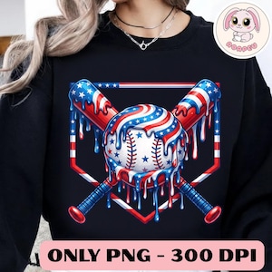 May include: Black sweatshirt featuring a baseball design with dripping red, white, and blue paint. The baseball and crossed bats are decorated with stars and stripes. The text "ONLY PNG - 300 DPI" is at the bottom.