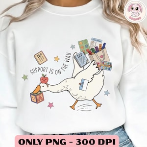 May include: White sweatshirt with a whimsical graphic of a goose carrying school supplies, IEP documents, and the text "Support is on the way." The goose has a red apple on its head and is holding a block with the letter "A."