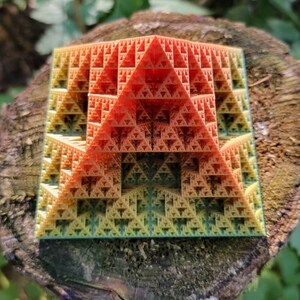 Fractal Pyramid, Unique Metallic Rainbow Multicolor 3D Printed Sierpinski Fractal Pyramid, Art Sculpture, Sacred Geometry
