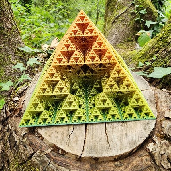 Fractal Pyramid, Unique Metallic Rainbow Multicolor 3D Printed Sierpinski Fractal Pyramid, Art Sculpture, Sacred Geometry