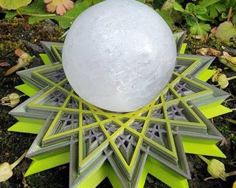 Sacred Geometry Star with Selenite Crystal Sphere, Crystal Ball with Display Stand, 3D Printed Art