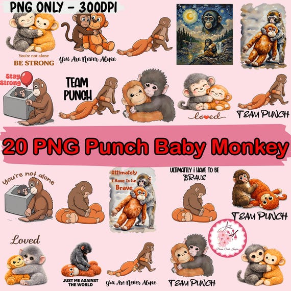 Punch Baby Monkey PNG Bundle, Viral Emotional Plush Monkey PNG, Lonely Cute Monkey Graphic, Dear Punch Inspired Design, Digital Download