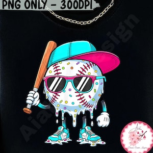 May include: Black t-shirt featuring a cartoon baseball character wearing sunglasses, a baseball cap, and sneakers, holding a baseball bat. The baseball has a melting design with colorful sprinkles and red stitching. The image includes the text "PNG ONLY - 300DPI".