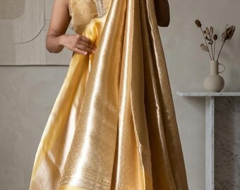 Tissue Brocade Silk Saree with Satin Border with Silk Mark -Yellow/Gold