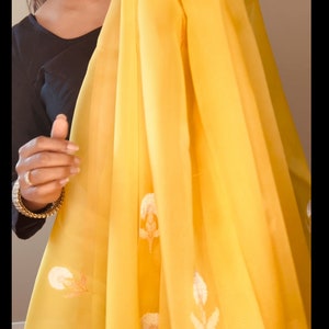 Banarasi Kora  Silk Saree Handwoven LimeYellow - Silk mark