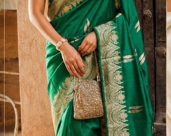 Green mulberry Katan Silk Mashru Saree Silk Mark sari for Indian women Wedding guest Festival Saree  gold zari gift for her Diwali dress