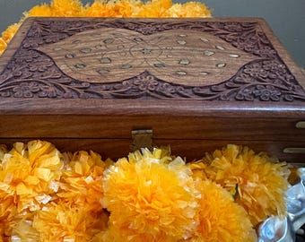 Handmade gift Carved Himalayan Cedar Jewelry Box Vintage Brass Inlay Gift for her Keepsake Box wooden memory box chest Best Seller