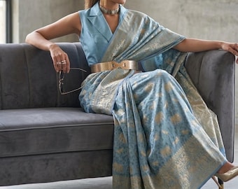 Banarasi Tanchoi Saree with animal motifs Shikargah Saree Silk sari for wedding Gift for her with Blouse Duck Blue