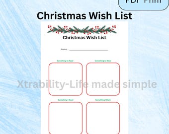 Lista de deseos navideña clasificada en 4 categorías principales. Ideal para listas de regalos infantiles o para adultos.