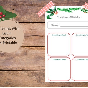 Weihnachtswunschliste in 4 Hauptkategorie kategorisiert.  Geeignet für Kinder oder Erwachsene Geschenklisten