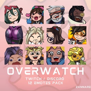 May include: A collection of 12 Overwatch-themed emotes, featuring various character expressions and designs. The emotes are displayed in a grid layout, with a pink background and the word "OVERWATCH" prominently displayed. The text "TWITCH / DISCORD 12 EMOTES PACK" is also visible.