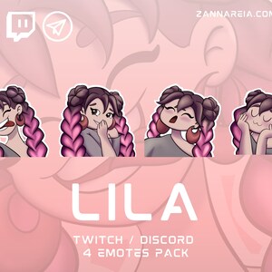 Puede incluir: Cuatro emoticonos animados que muestran a una mujer de dibujos animados con el pelo rosa en diferentes poses. Los emoticonos están etiquetados como "LILA TWITCH / DISCORD 4 EMOTES PACK".
