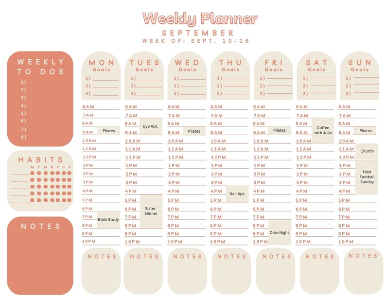 Weely Planner Customizable Weekly Schedule Hourly Weekly Planner Etsy