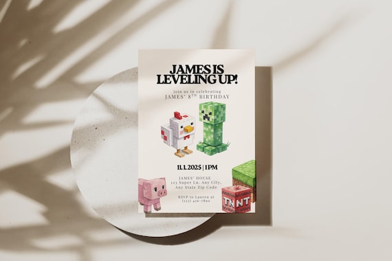Minecraft Birthday Invitation Template, Leveling Up Birthday Invite, Minecraft Party Invite, Editable Canva Template