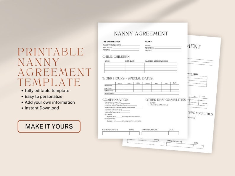 Nanny Agreement, Editable Nanny Contract, Nanny Agreement Canva Template - Etsy