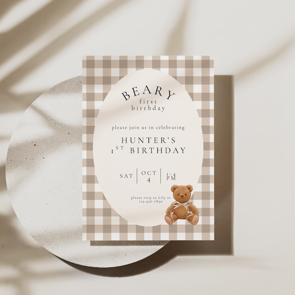 Faire-part 1er anniversaire d'un ours en peluche : Vichy neutre, modèle de toile modifiable (téléchargement numérique)
