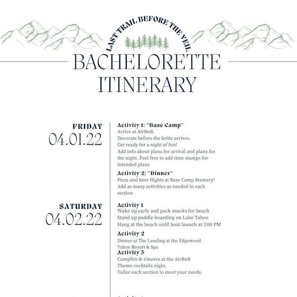 Mountain theme bachelorette itinerary