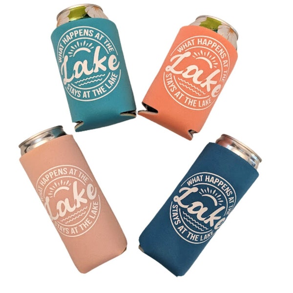 Min Set of 4 What Happens at the Lake Stays at the Lake Can Coolers, Lake Trip Cozies, Personalized Vacation Can Coolers, Family Vacation