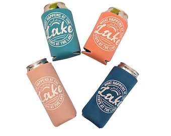 Min Set of 4 What Happens at the Lake Stays at the Lake Can Coolers, Lake Trip Cozies, Personalized Vacation Can Coolers, Family Vacation