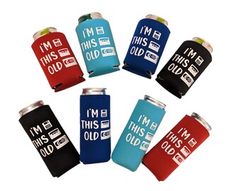 Min Set of 4 Funny 80s 90s can coolers, I'm This Old, Birthday can coolers, 80s cozies, 90s cozies, 80s party favors, 90s party favors
