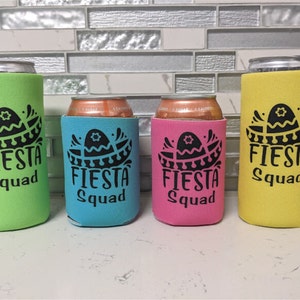 Min Set of 4 Cinco de Mayo Personalized Can Coolers, Fiesta Squad Cozies, Cinco De Mayo Party Favors, Bright Colored Fiesta Party Decor