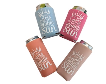 Min Set of 4 Personalized Girls Trip Slim Can Coolers, Girls Trip Cozies, Girls Trip Gift, Slim Can Coolers, Beach Can Coolers
