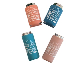 Min Set of 4 Lake Life Cuz Beaches Be Salty Can Coolers, Personalized Lake Trip Cozies, Vacation Can Coolers, Lake Life, Family Trip Cozies