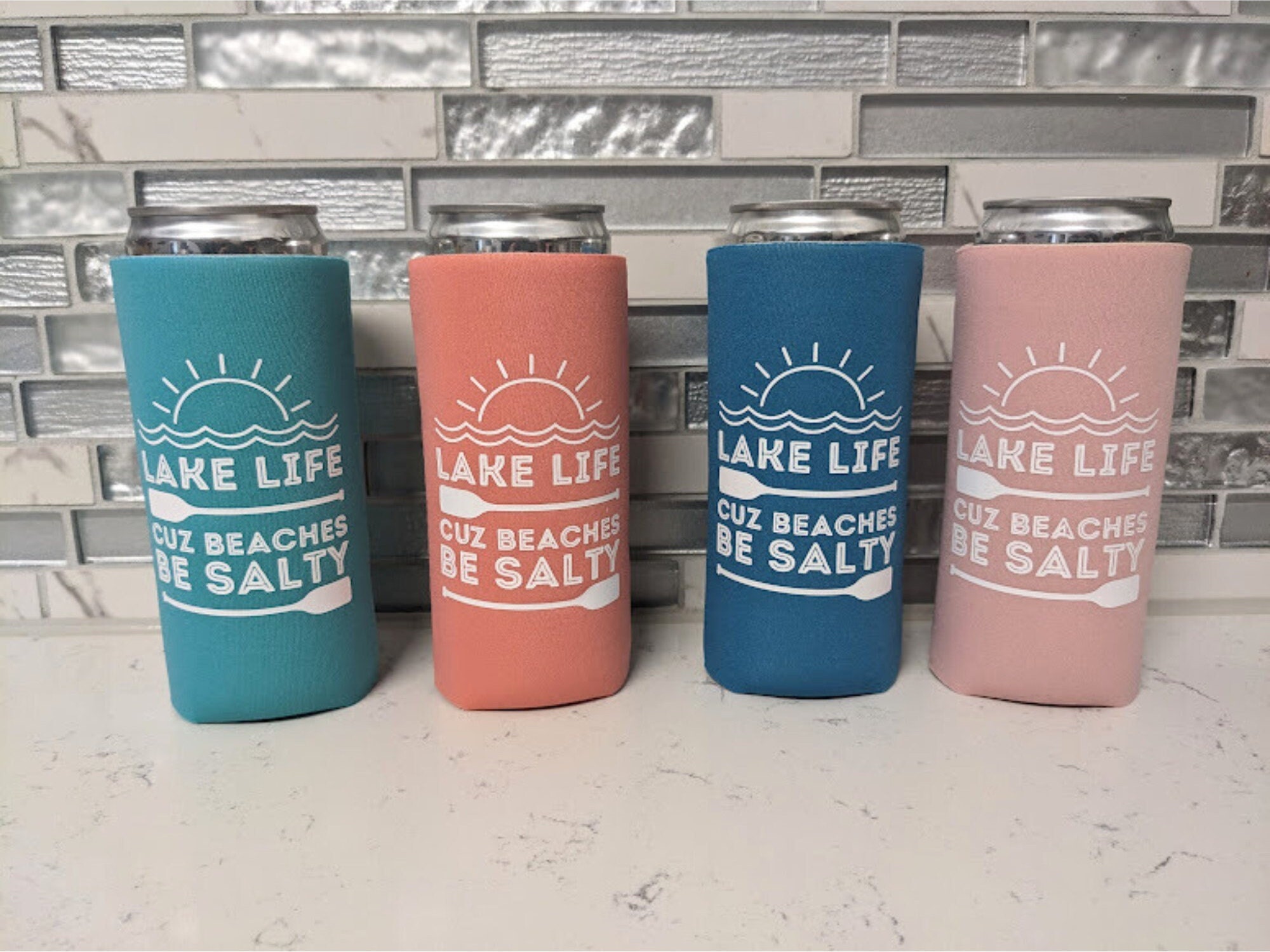 Min Set of 4 Lake Life Cuz Beaches Be Salty Can Coolers, Personalized
