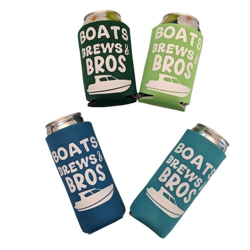 Min Set of 4 Boats Brews and Bros Can Coolers, Bachelor Party Cozies, Boat Party Personalized Can Coolers