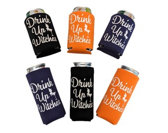 Min Set of 3 Drink Up Witches Halloween Can Coolers, Personalized Funny Halloween Cozies, Halloween Party Favors, Slim Can Coolers