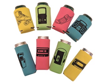 Min Set of 4 80s 90s Nostalgic Can Coolers, 80s Party, 90s Party, 80s 90s Party Favors, Class Reunion Party Favors, Neon Colored Cozies