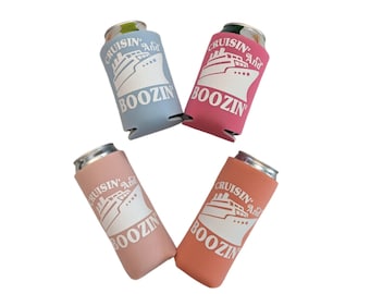 Min Set of 4 Crusin and Boozin Can Coolers, Cruise Trip Cozies, Girls Trip, Family Vacation
