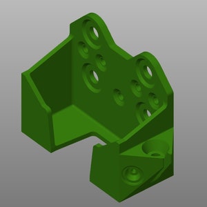 May include: A green plastic 3D printed part with multiple holes and a unique shape. The part has a rectangular base and a curved top.