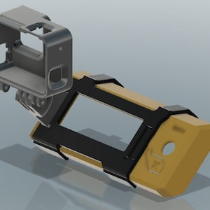 May include: A black and yellow camera case with a cutout for a GoPro camera. The case has a textured surface and a small hole on the side. The GoPro camera is not included.