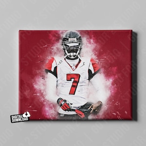 May include: A canvas print featuring a football player in a white and red uniform with the number 7. The player is wearing a black helmet. The background is a red and white abstract design. The words "DIGITAL DOWNLOAD" are in the lower left corner.