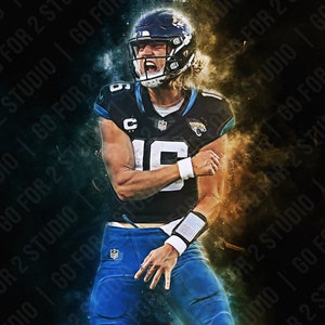 May include: A football player in a blue and black uniform with the number 16 on the front. The player is wearing a helmet and has a determined expression on his face. The background is a blurred image of a football field.