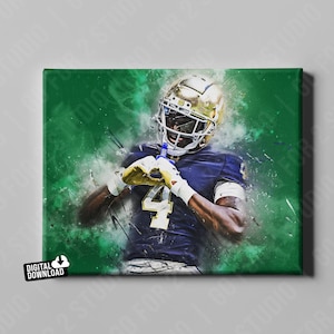 May include: Canvas print of a football player in a navy blue uniform with the number 4, gold helmet, and white gloves. The background is a green and white abstract design. The words "DIGITAL DOWNLOAD" are in the lower left corner.
