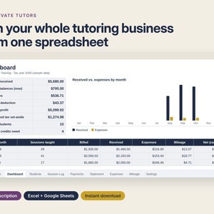 May include: A digital spreadsheet dashboard for private tutors titled Run your whole tutoring business from one spreadsheet. It displays financial data, including income, expenses, and net profit, alongside a bar chart and a monthly session table.