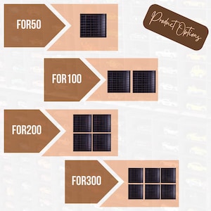 Op de afbeelding: Productopties voor zonnepanelen. FOR50, FOR100, FOR200, FOR300.