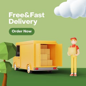 Op de afbeelding: Een gele bestelwagen met de achterklep open, waar dozen in te zien zijn. Een persoon met een rode pet en een gele overall staat naast de bestelwagen en houdt een doos vast. De achtergrond is groen met een witte wolk. De tekst "Gratis & Snelle Levering" en "Bestel Nu" staat bovenaan de afbeelding.