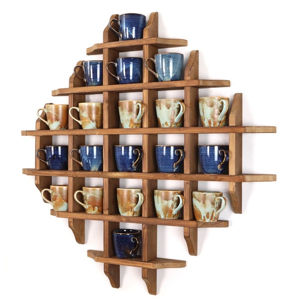 Wooden Coffee Cup Mug Rack with Shelf.Rustic Modern Wood Wall Mounted Mug Shelf Display,Tea Cup Holder, Coffee Display,gift,